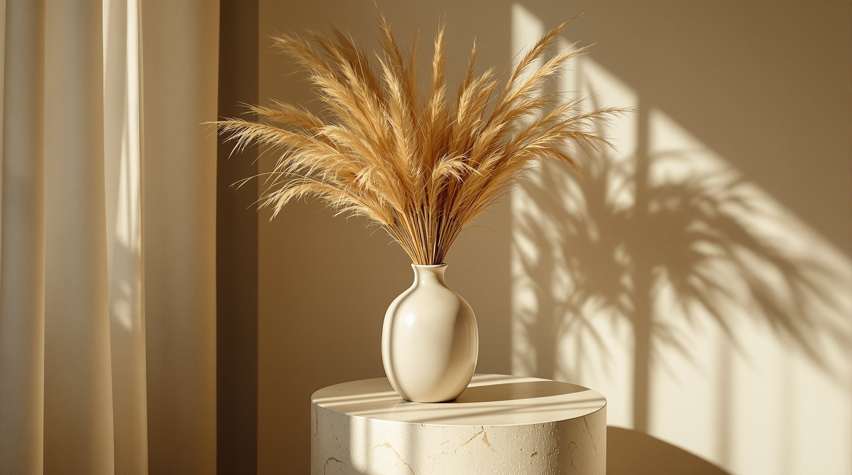 Hand-carved travertine vase with dried pampas grass in warm morning light