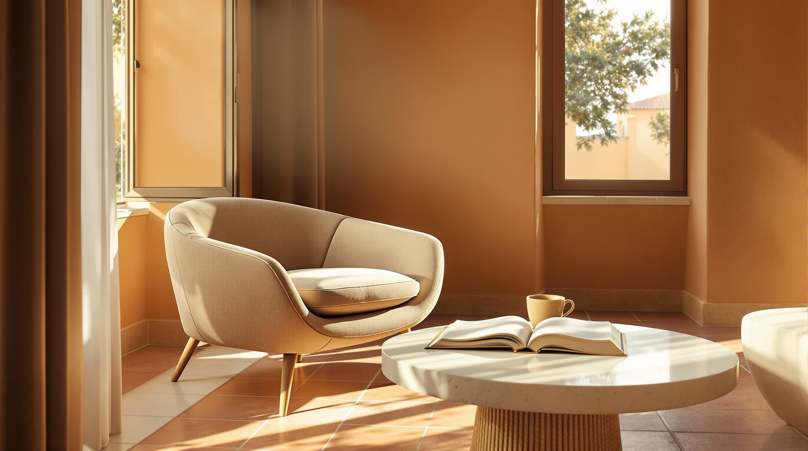 Sunlit Mediterranean living room with boucle armchair and travertine table