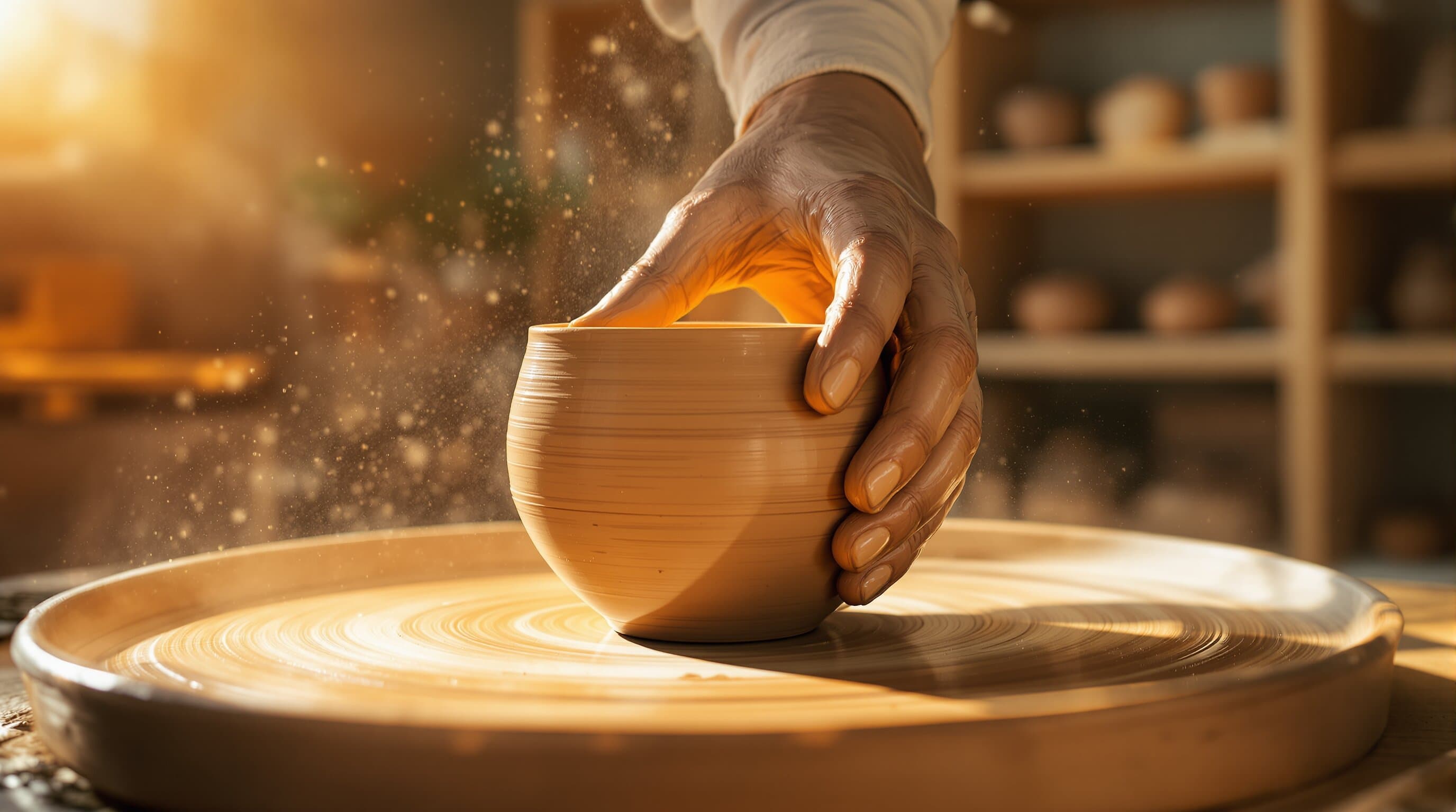 Hands shaping a hand-glazed clay vessel in afternoon studio light